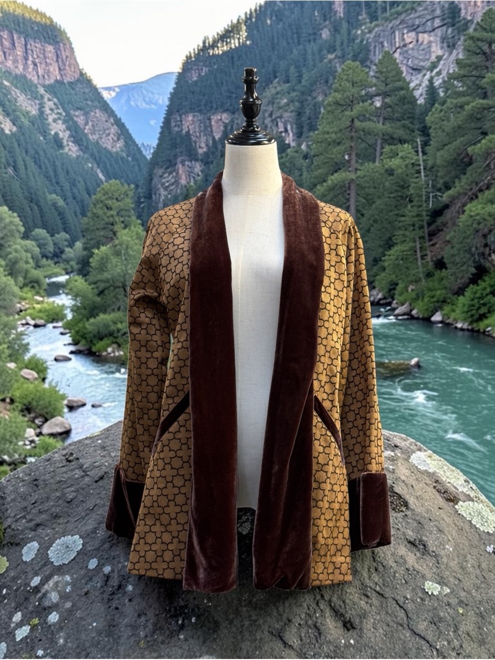 Soft Surroundings Velvet Trim Geometric Jacket - Size XS - Brown & Gold
